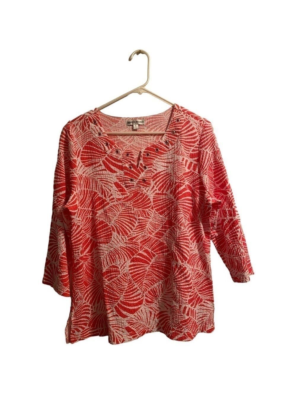 Rebecca Malone Palm Print Blouse Womens Large Red & White Tropical Beach Tunic